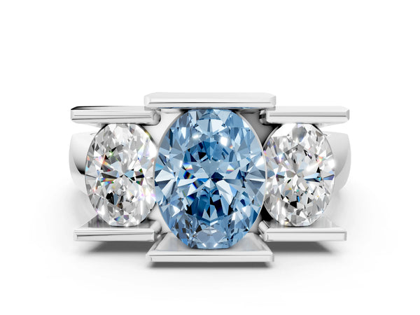 White gold Three Stone Fancy Blue Oval Cut Cut Channel Set Diamond Ring
