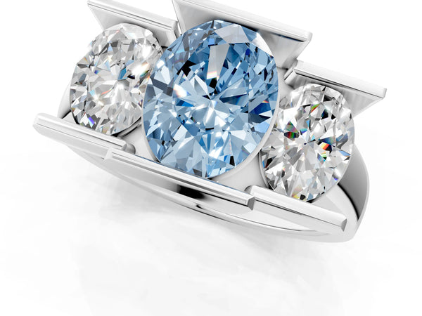 White gold Three Stone Fancy Blue Oval Cut Cut Channel Set Diamond Ring