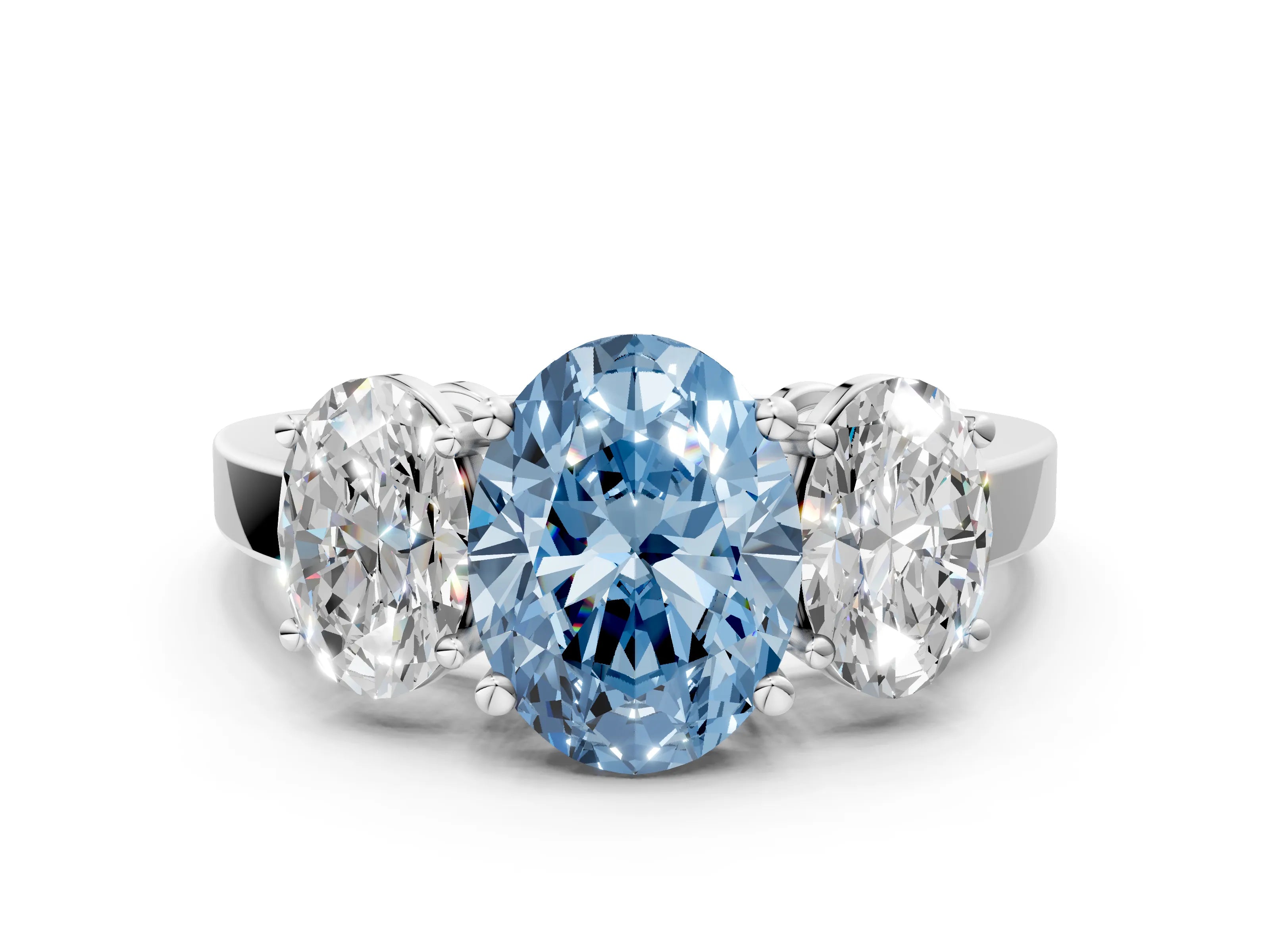 White gold Three-Stone Fancy Blue Oval Cut Cut Diamond Engagement Ring with Flat Band and Four-Prong Setting_12