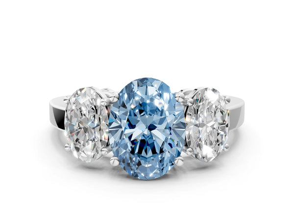 White gold Three-Stone Fancy Blue Oval Cut Cut Diamond Engagement Ring with Flat Band and Four-Prong Setting