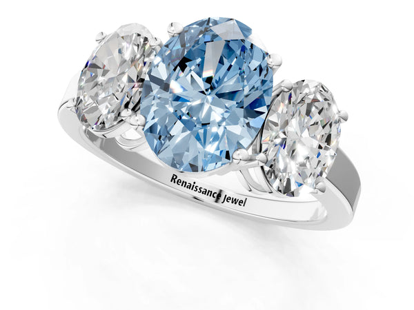 White gold Three-Stone Fancy Blue Oval Cut Cut Diamond Engagement Ring with Flat Band and Four-Prong Setting