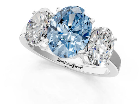 White gold Three-Stone Fancy Blue Oval Cut Cut Diamond Engagement Ring with Flat Band and Four-Prong Setting_13