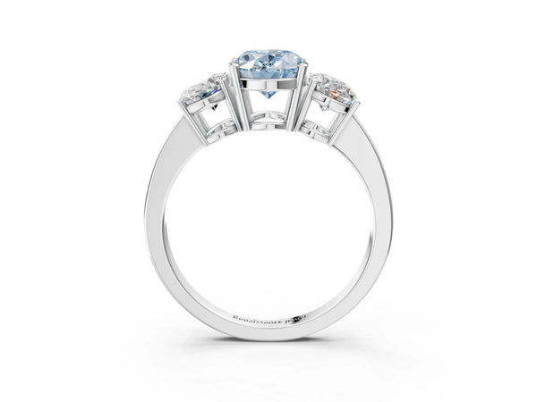 White gold Three-Stone Fancy Blue Oval Cut Cut Diamond Engagement Ring with Flat Band and Four-Prong Setting