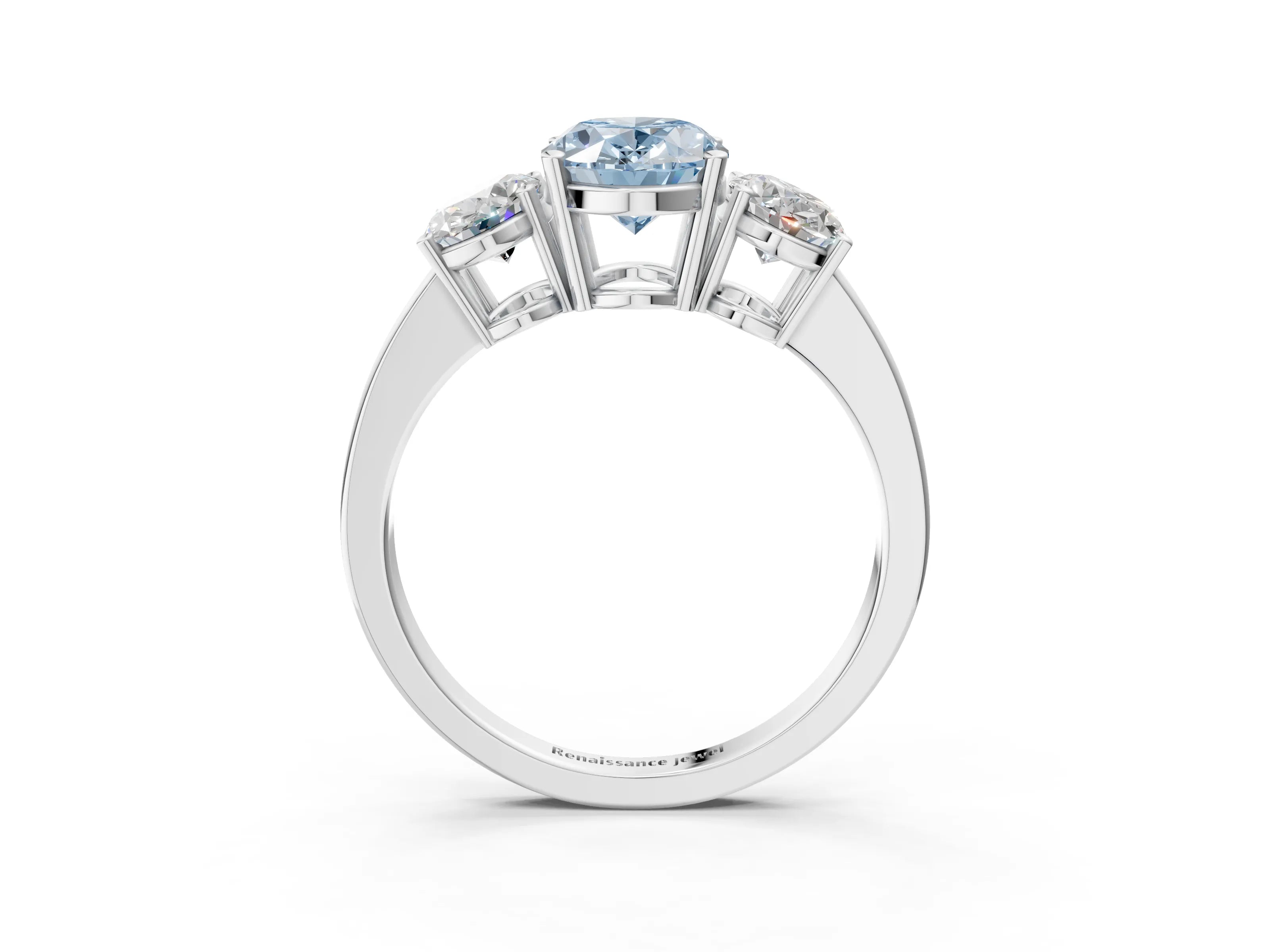 White gold Three-Stone Fancy Blue Oval Cut Cut Diamond Engagement Ring with Flat Band and Four-Prong Setting_3