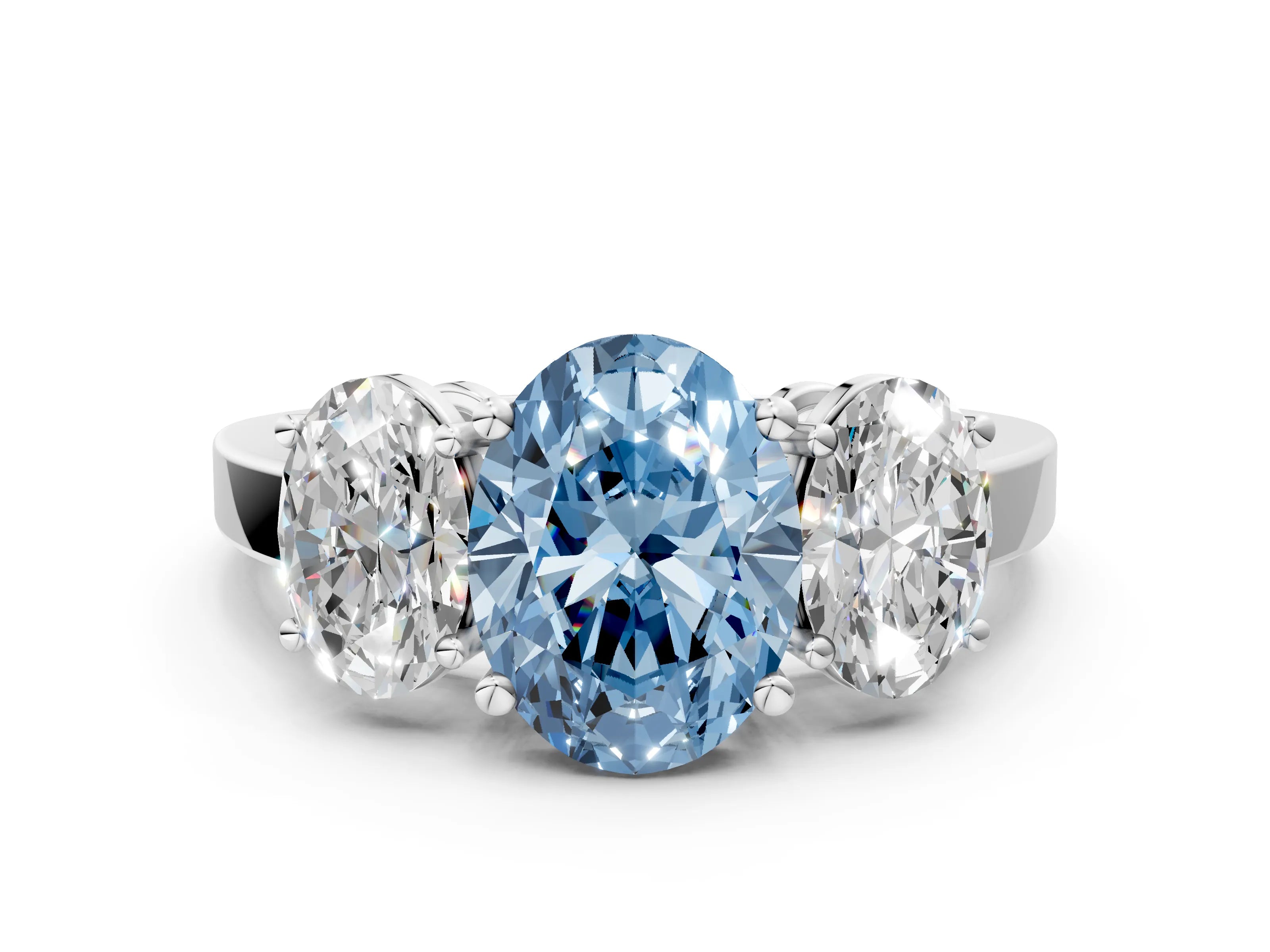 White gold Three-Stone Fancy Blue Oval Cut Cut Diamond Engagement Ring with Flat Band and Four-Prong Setting