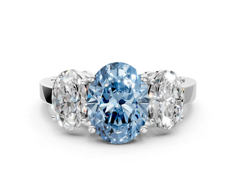 White gold Three-Stone Fancy Blue Oval Cut Cut Diamond Engagement Ring with Flat Band and Four-Prong Setting