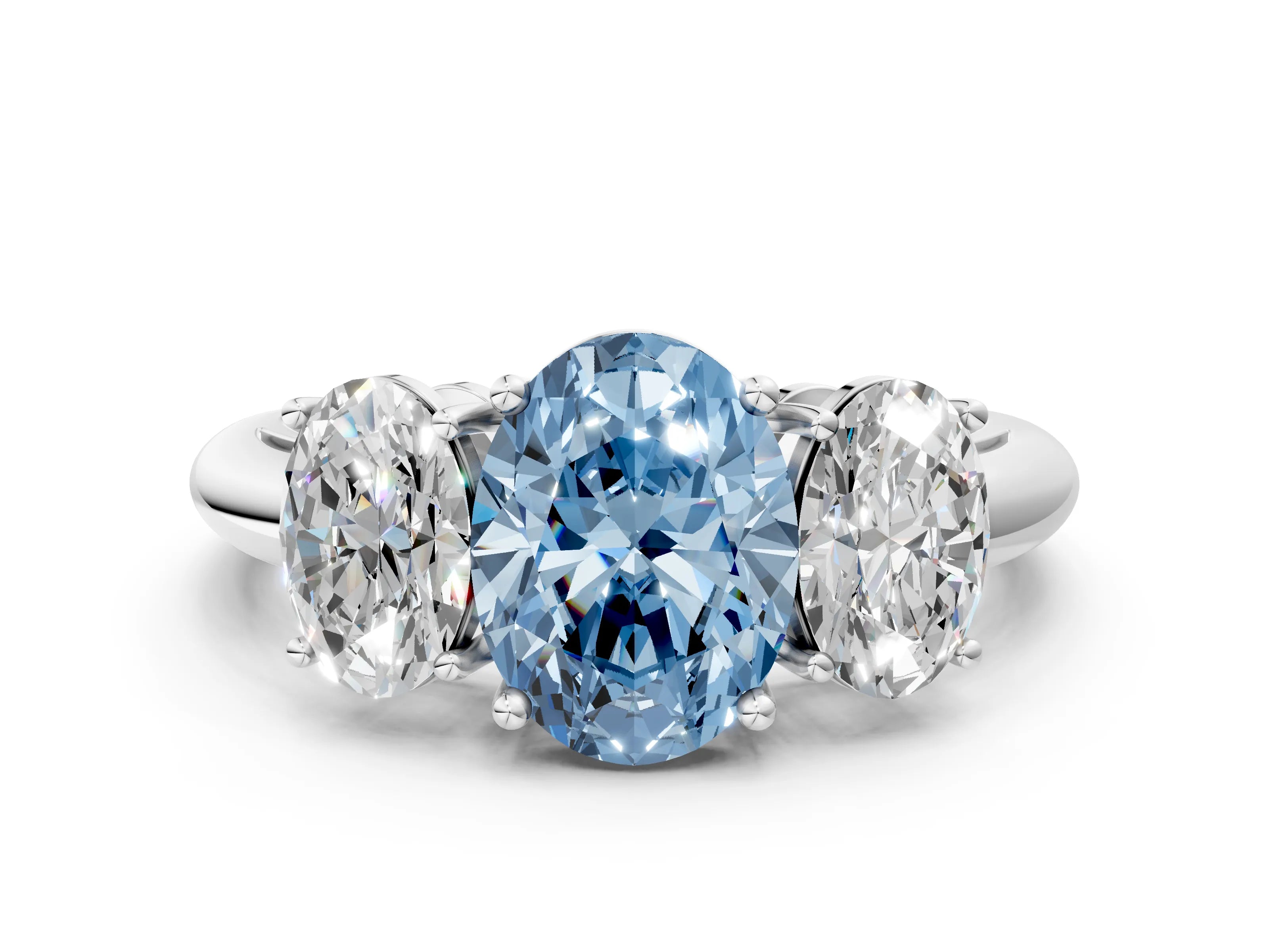 White gold Three-Stone Fancy Blue Oval Cut Cut Diamond Engagement Ring with Prong Setting on a White Gold Band_12