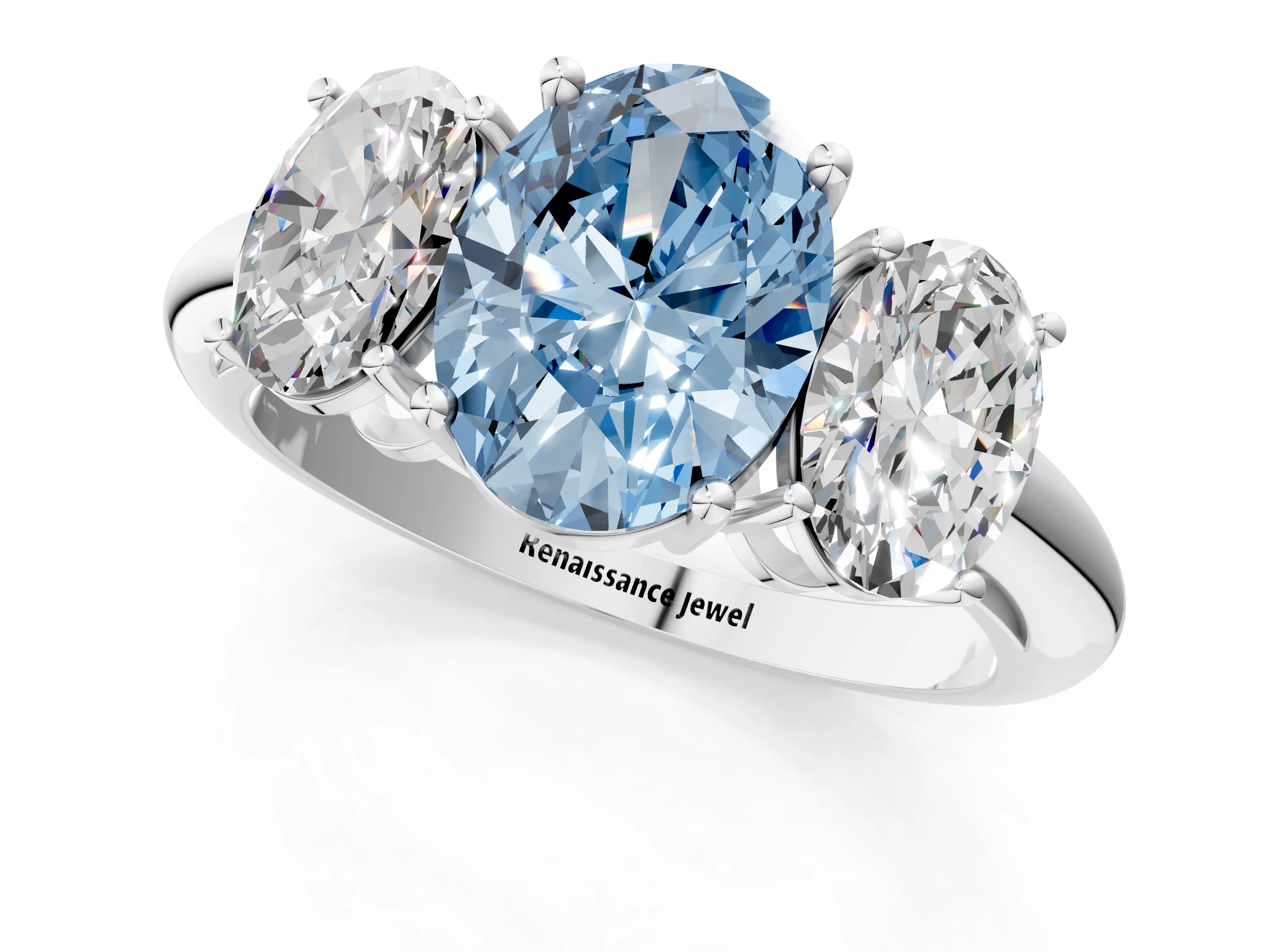 White gold Three-Stone Fancy Blue Oval Cut Cut Diamond Engagement Ring with Prong Setting on a White Gold Band_13