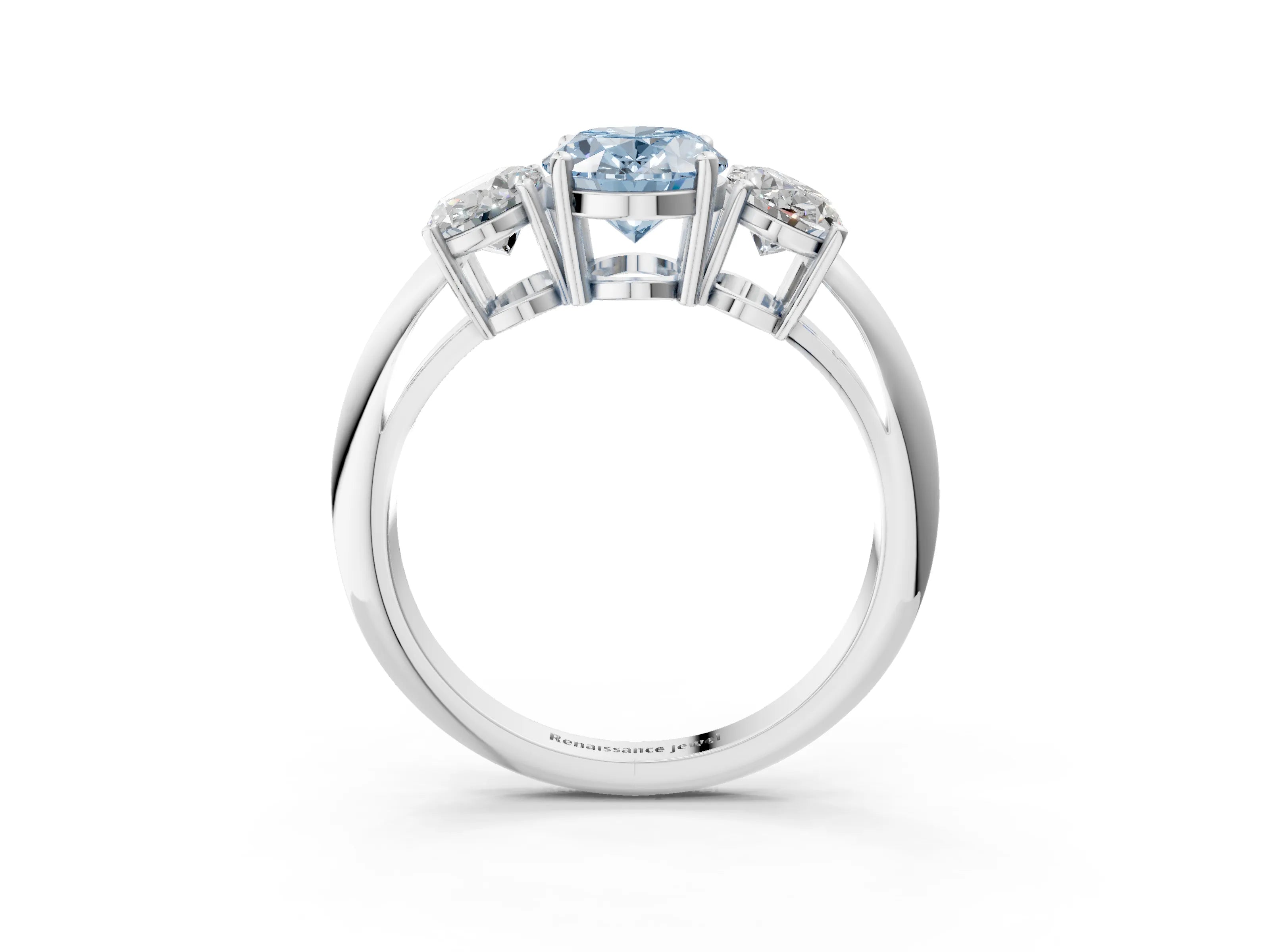 White gold Three-Stone Fancy Blue Oval Cut Cut Diamond Engagement Ring with Prong Setting on a White Gold Band_15