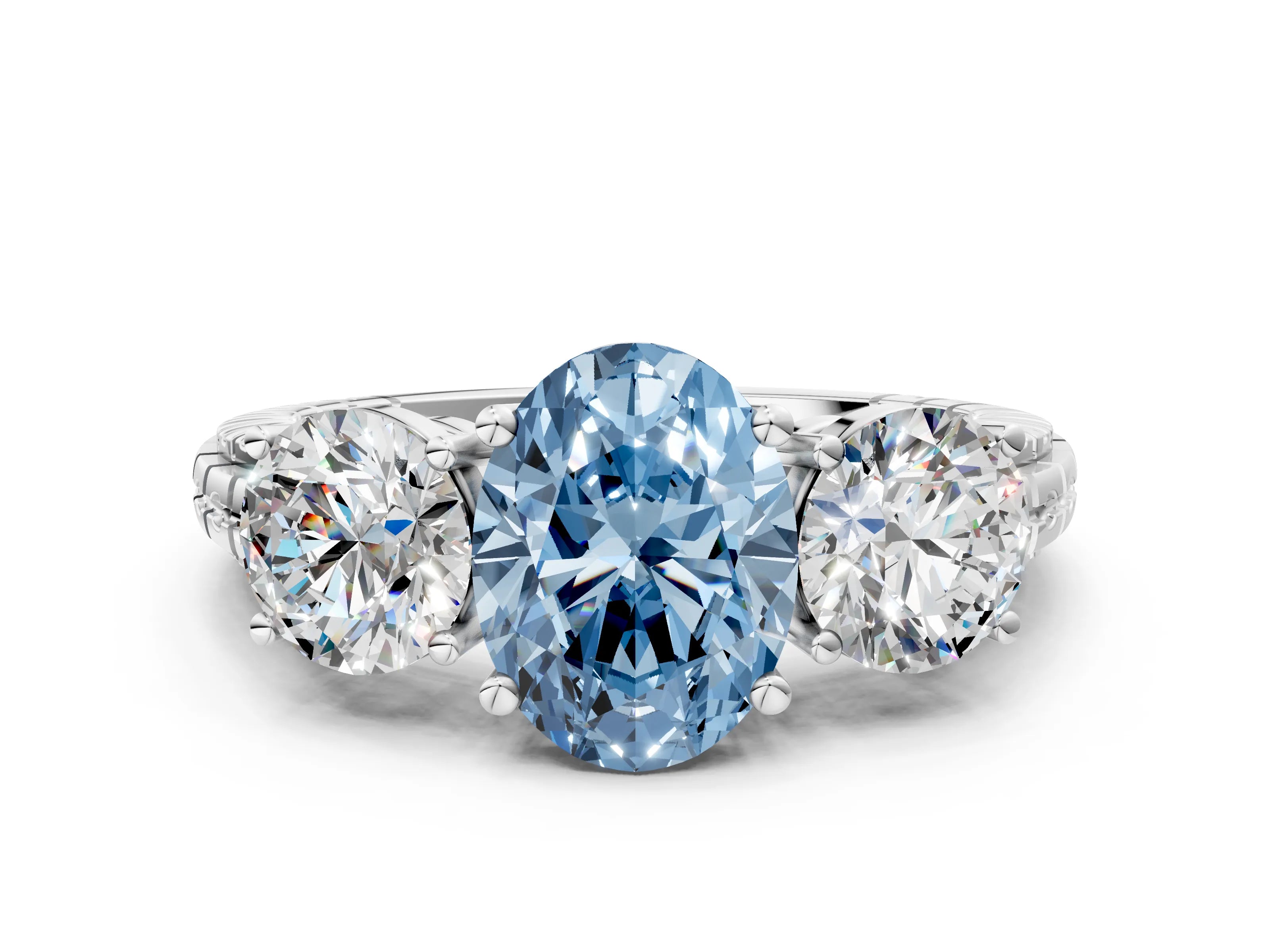 White gold Three-Stone Fancy Blue Oval Cut Cut Diamond Ring with Channel-Set Band and Prong Setting
