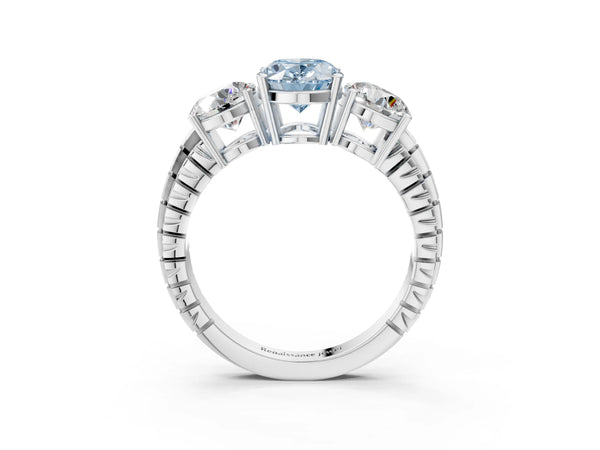 Platinum Three-Stone Fancy Blue Oval Cut Cut Diamond Ring with Channel-Set Band and Prong Setting