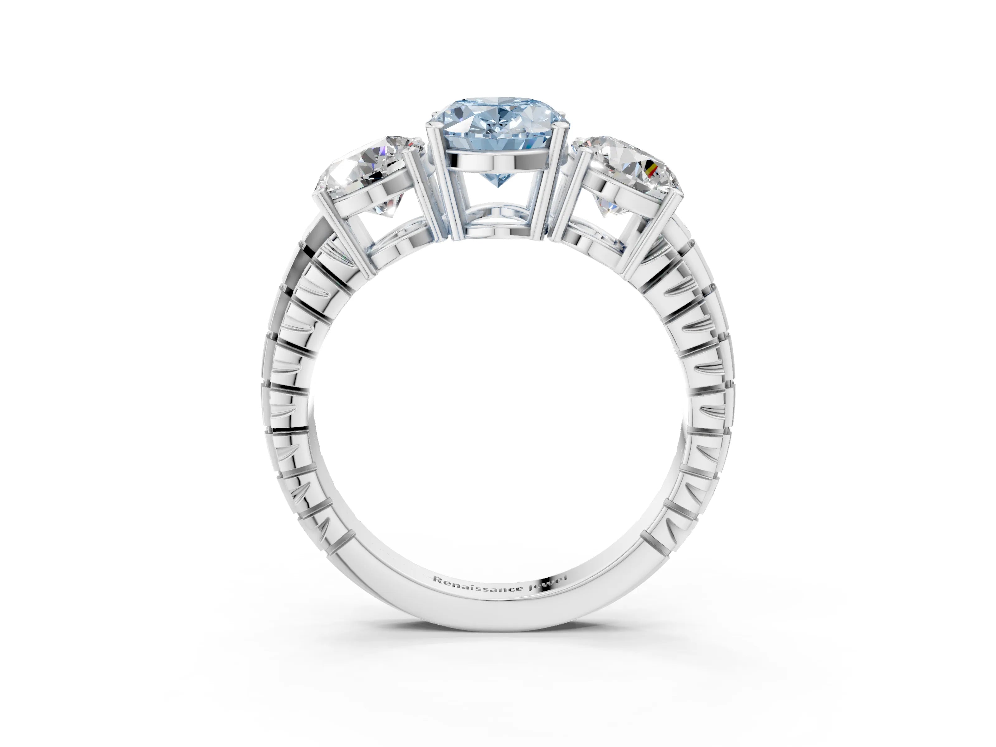 White gold Three-Stone Fancy Blue Oval Cut Cut Diamond Ring with Channel-Set Band and Prong Setting_3