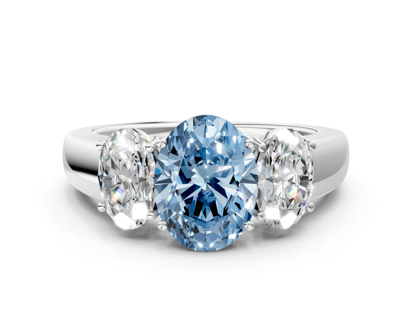 Platinum Three-Stone Fancy Blue Oval Cut Cut Diamond Ring with Prong Setting and Classic Band