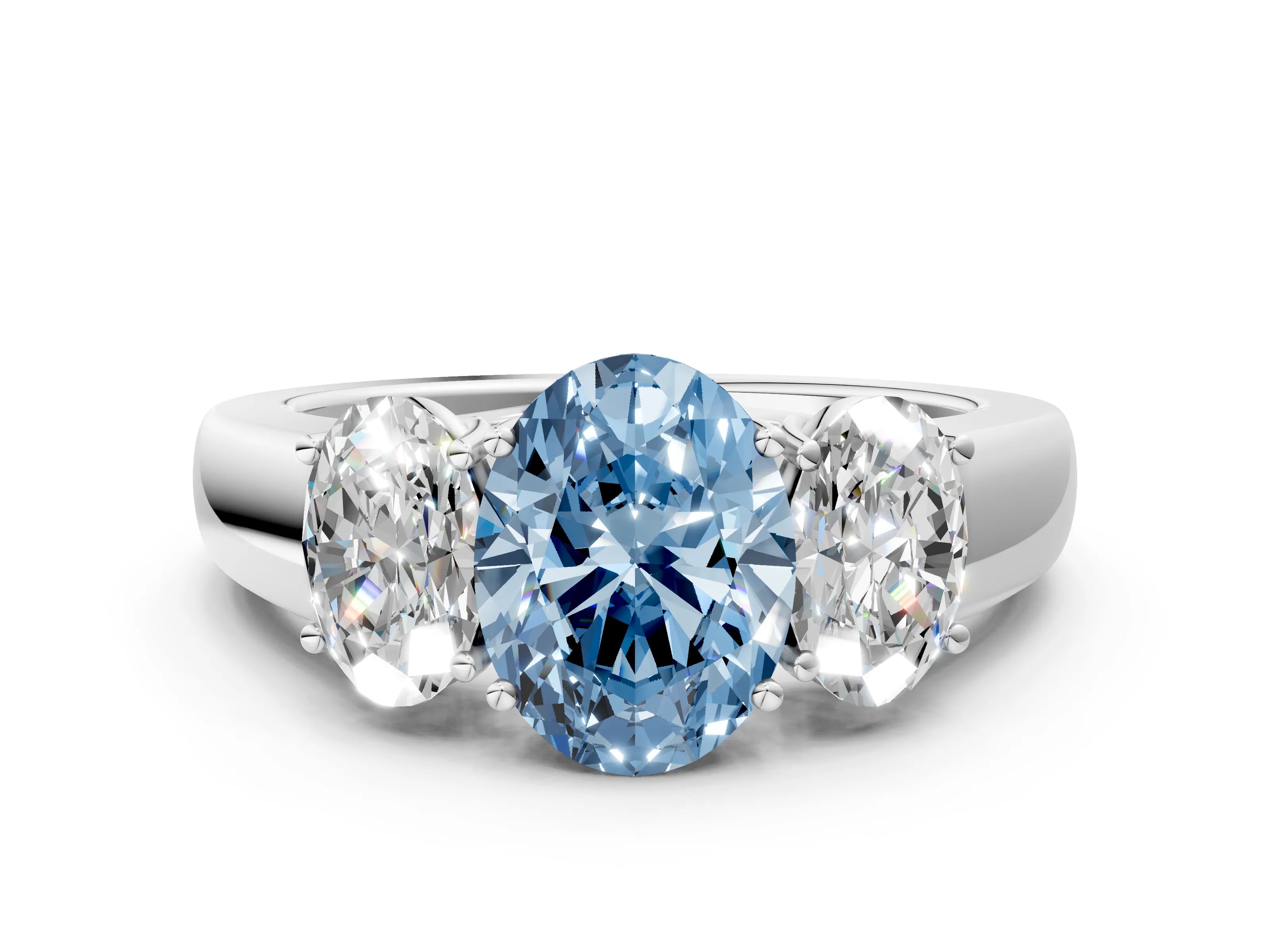 White gold Three-Stone Fancy Blue Oval Cut Cut Diamond Ring with Prong Setting and Classic Band