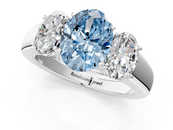 Platinum Three-Stone Fancy Blue Oval Cut Cut Diamond Ring with Prong Setting and Classic Band