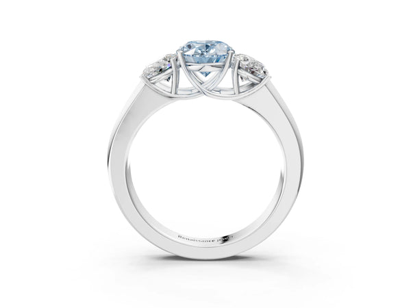 Platinum Three-Stone Fancy Blue Oval Cut Cut Diamond Ring with Prong Setting and Classic Band
