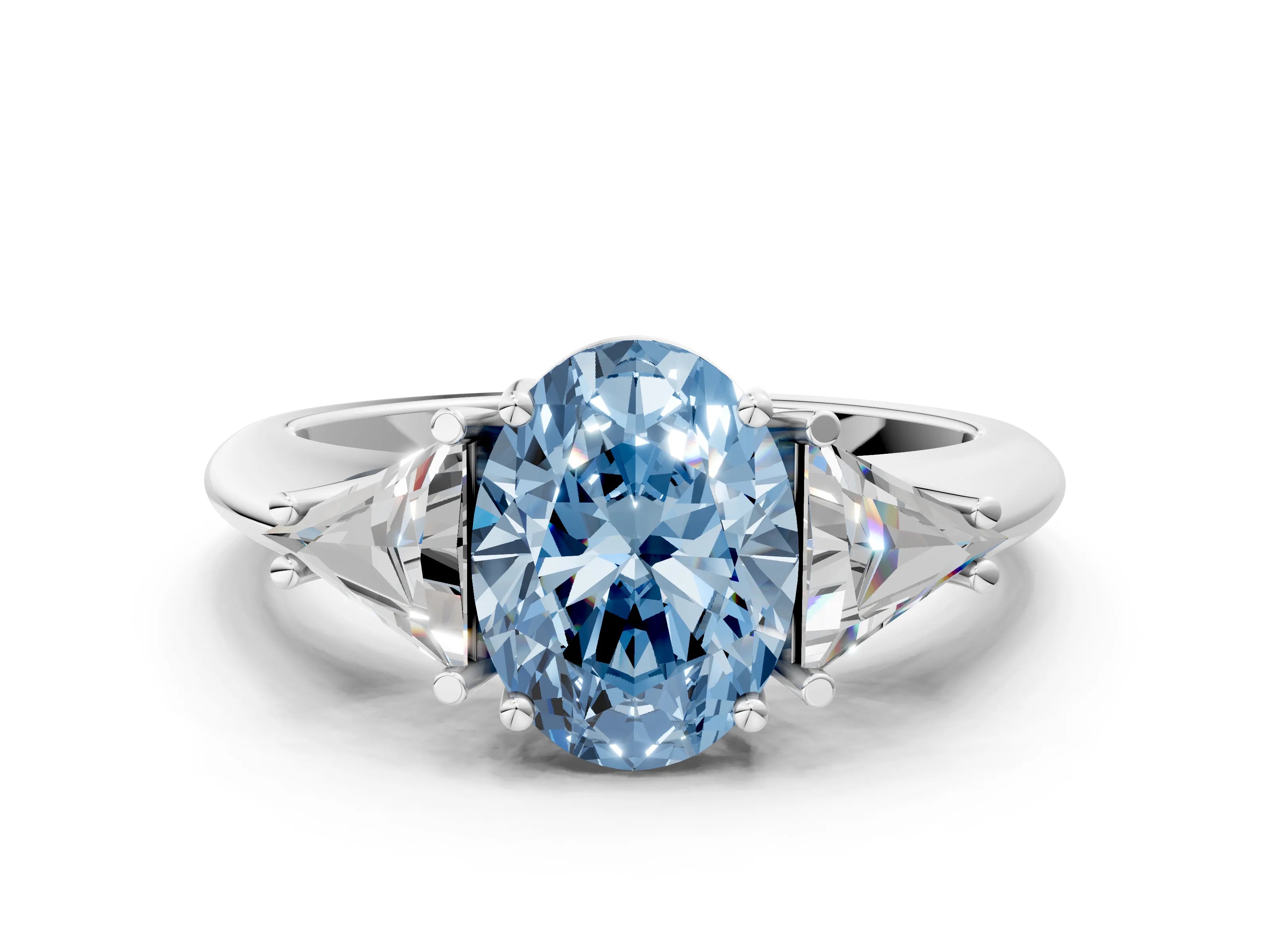 White gold Three-Stone Fancy Blue Oval Cut Cut Diamond Ring with Trillion Side Stones and Four-Prong Setting_11
