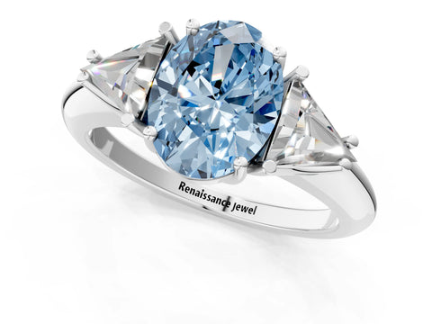 White gold Three-Stone Fancy Blue Oval Cut Cut Diamond Ring with Trillion Side Stones and Four-Prong Setting_12