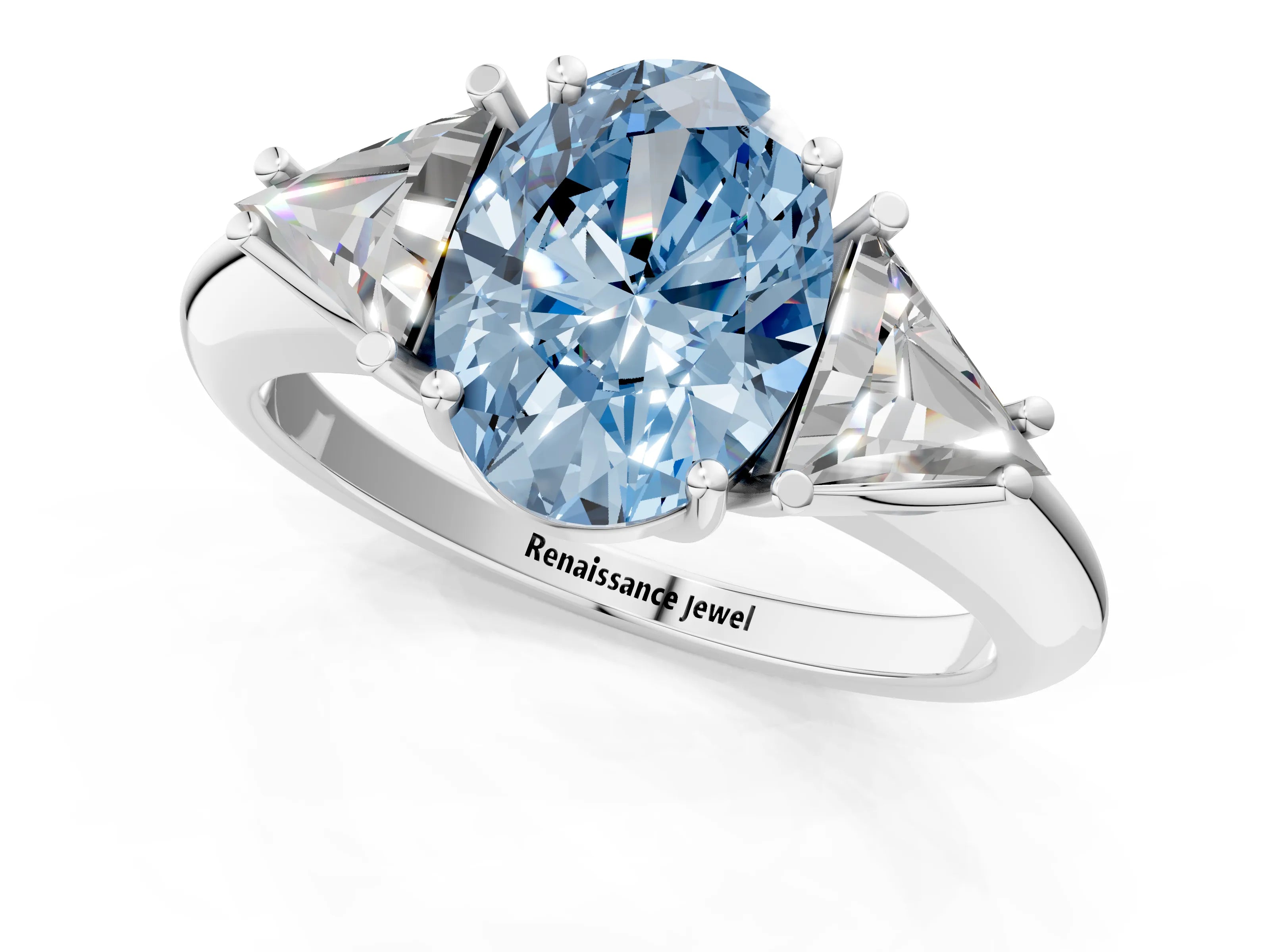 White gold Three-Stone Fancy Blue Oval Cut Cut Diamond Ring with Trillion Side Stones and Four-Prong Setting_12