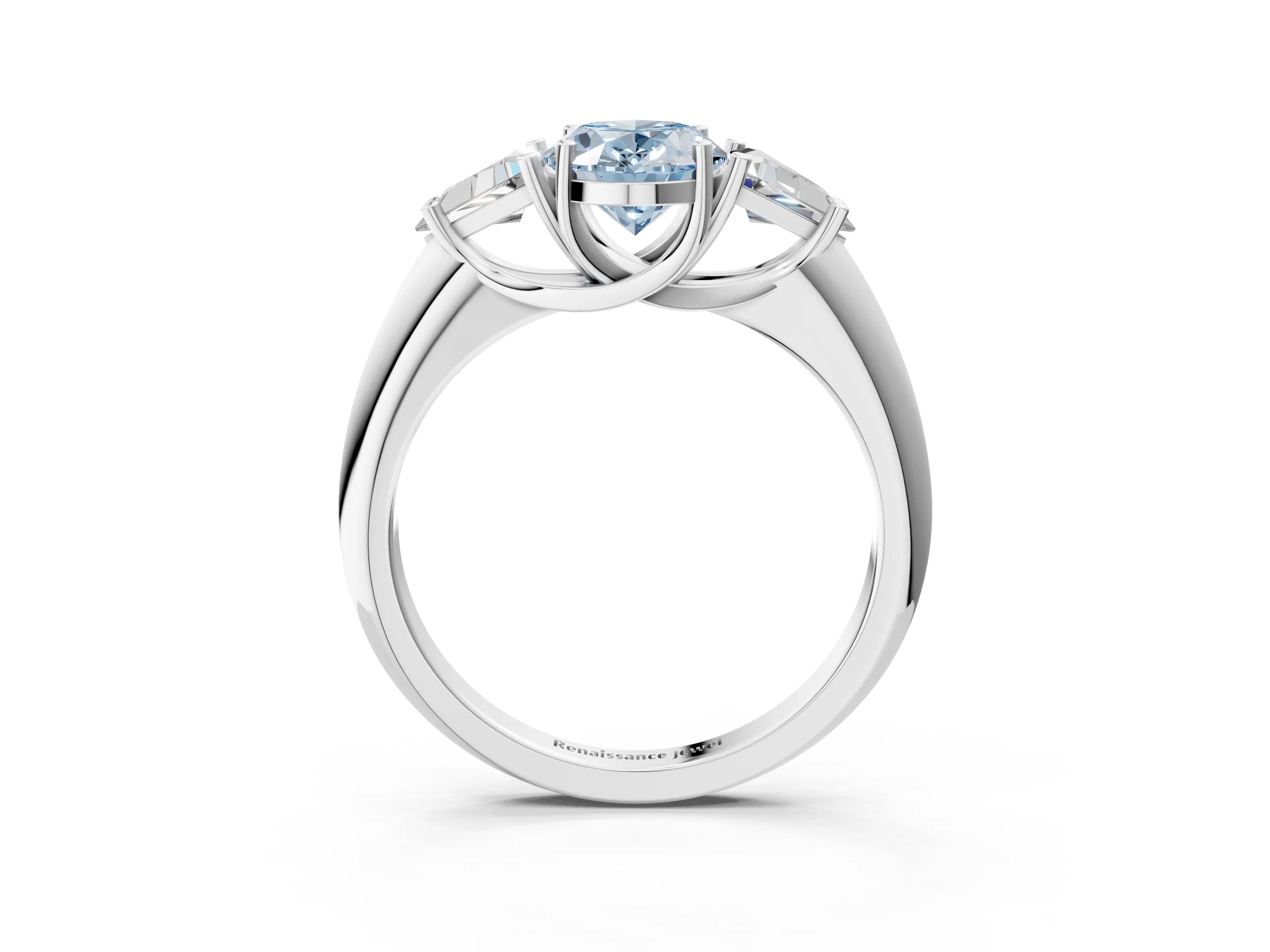 White gold Three-Stone Fancy Blue Oval Cut Cut Diamond Ring with Trillion Side Stones and Four-Prong Setting_14