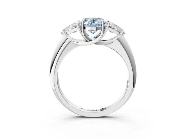 Platinum Three-Stone Fancy Blue Oval Cut Cut Diamond Ring with Trillion Side Stones and Four-Prong Setting
