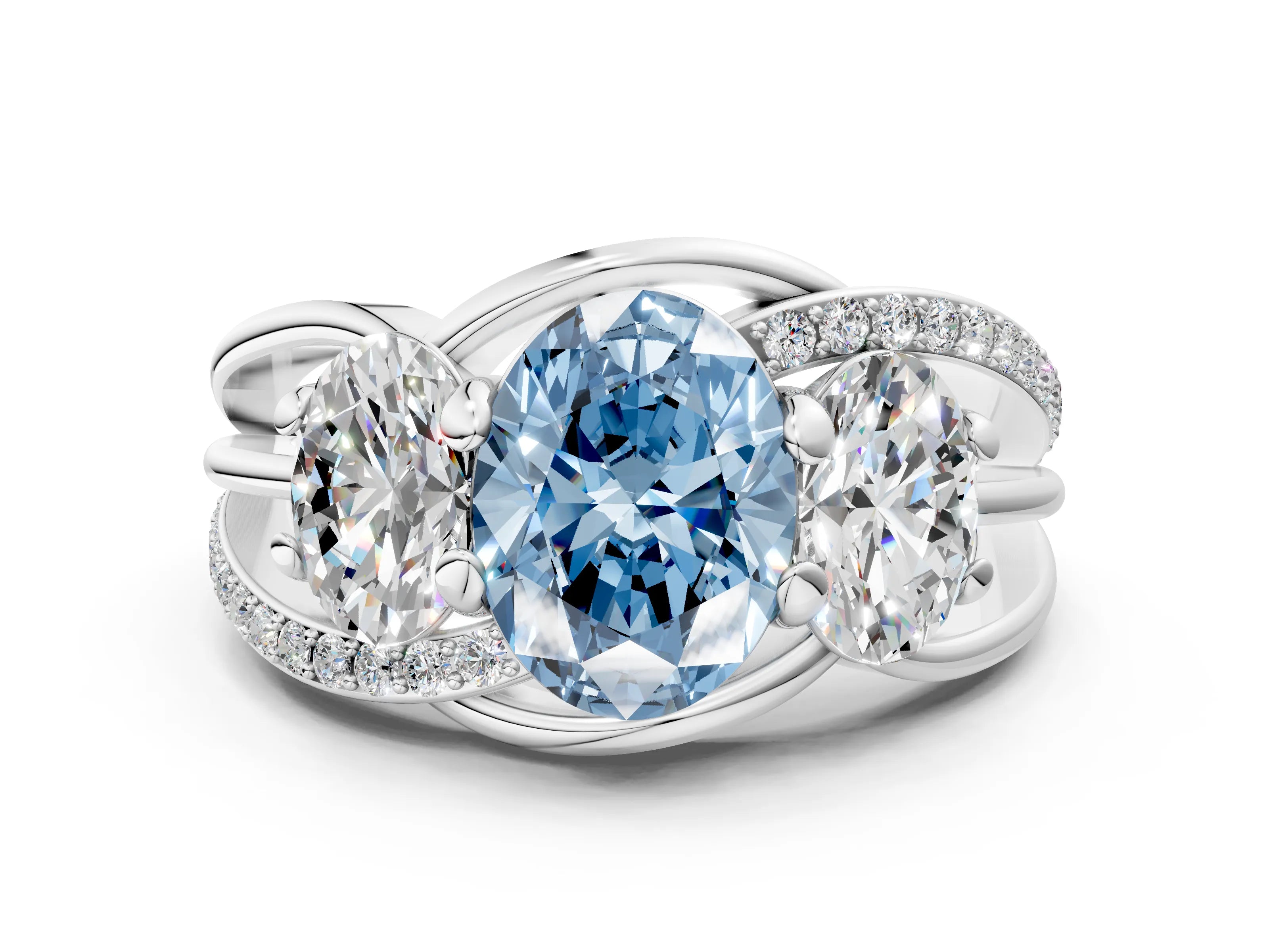 White gold Three-Stone Fancy Blue Oval Cut Cut Diamond Split Shank Prong Set Ring_12