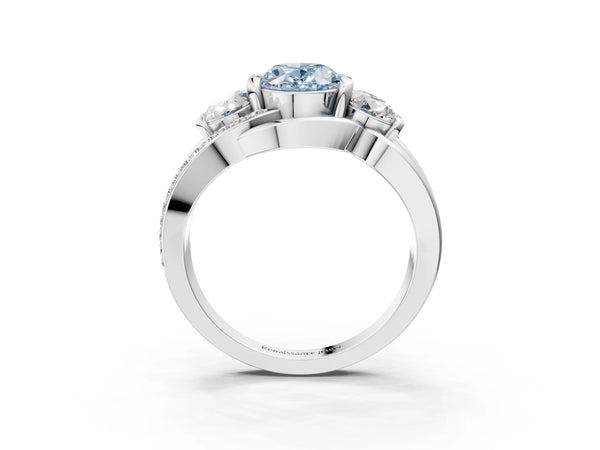 White gold Three-Stone Fancy Blue Oval Cut Cut Diamond Split Shank Prong Set Ring