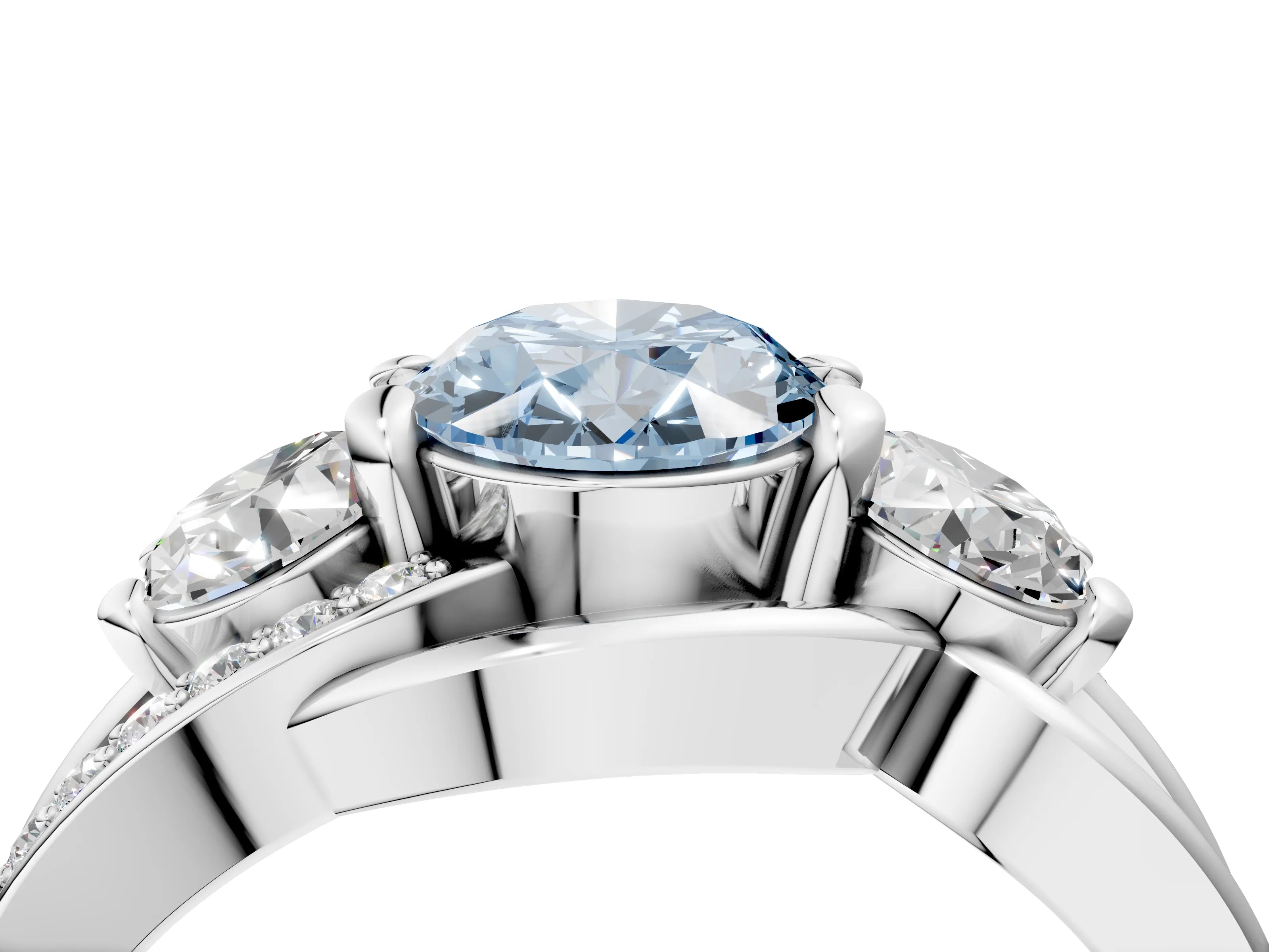 White gold Three-Stone Fancy Blue Oval Cut Cut Diamond Split Shank Prong Set Ring_16