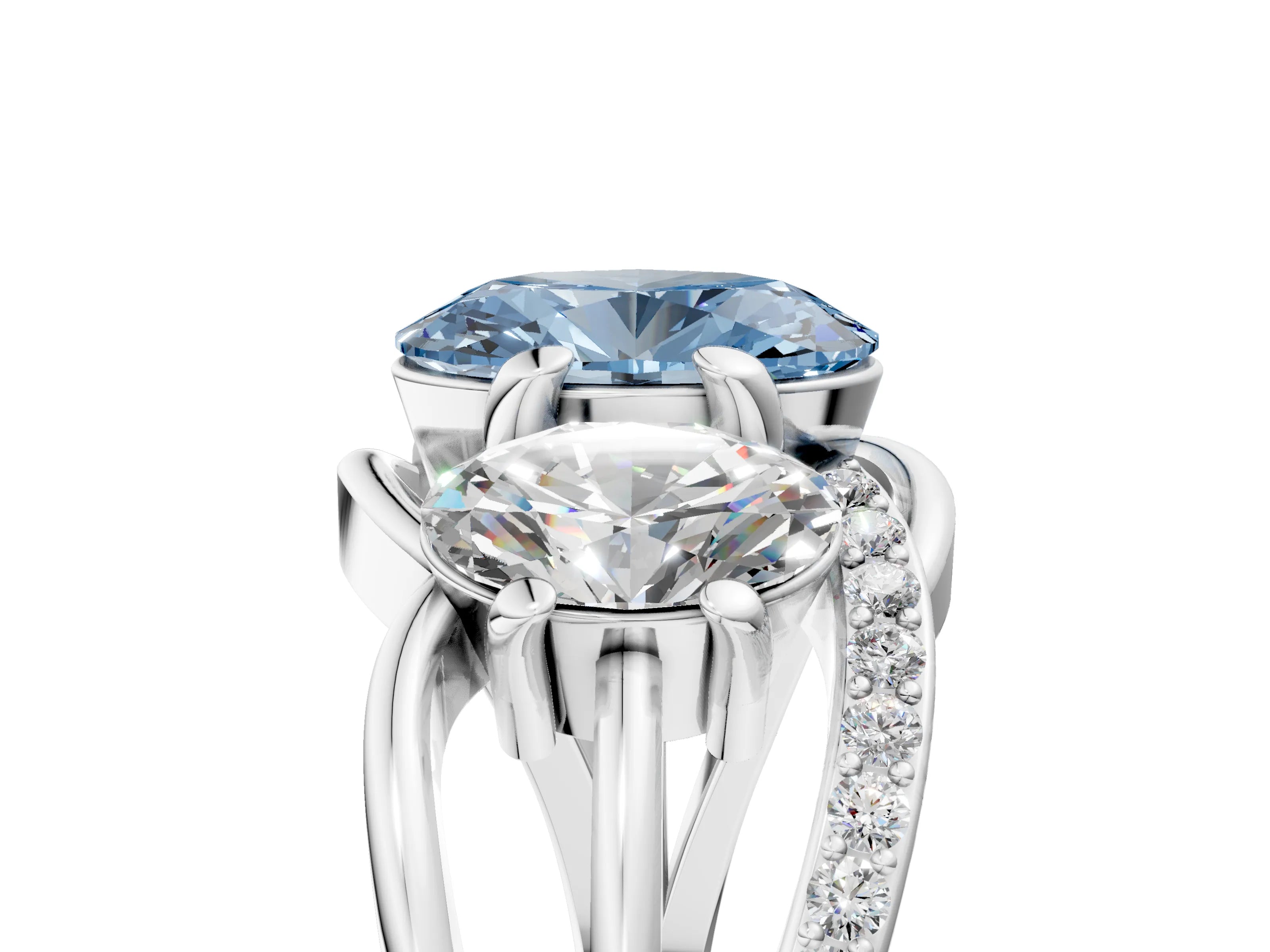 White gold Three-Stone Fancy Blue Oval Cut Cut Diamond Split Shank Prong Set Ring_17