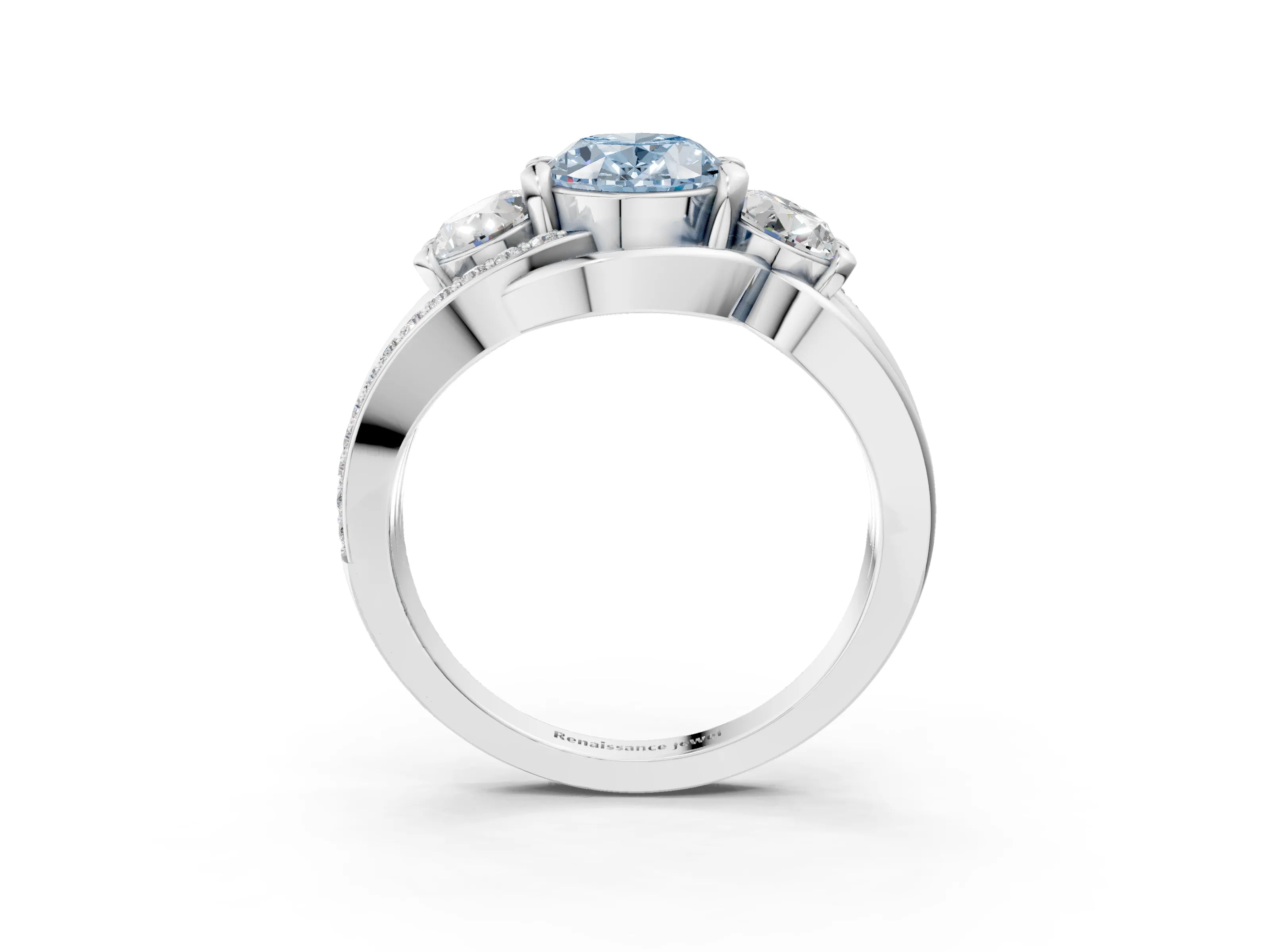 White gold Three-Stone Fancy Blue Oval Cut Cut Diamond Split Shank Prong Set Ring_3