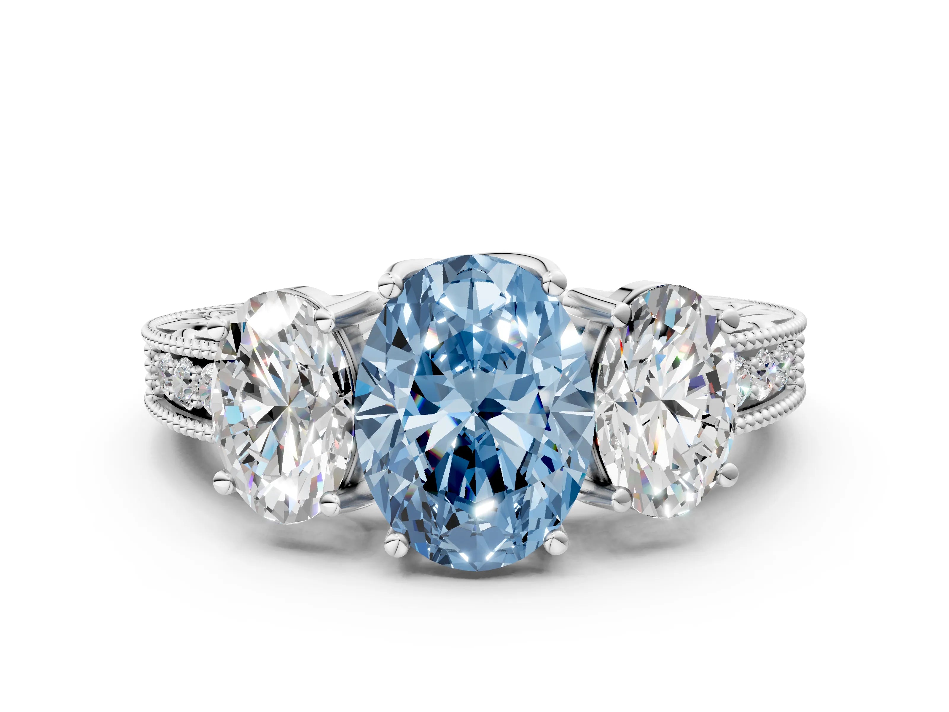 White gold Three-Stone Fancy Blue Oval Cut Cut Milgrain Pavé Engagement Ring_12