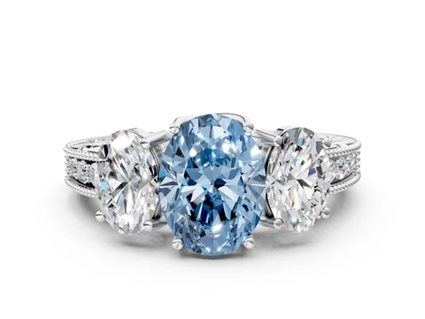 White gold Three-Stone Fancy Blue Oval Cut Cut Milgrain Pavé Engagement Ring_12