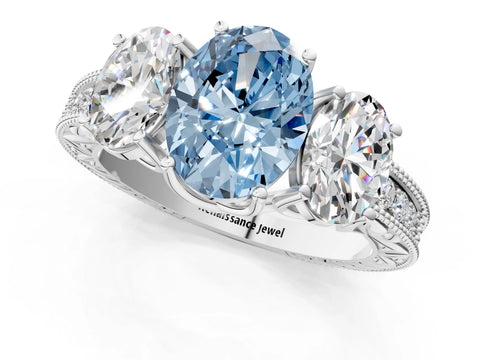 White gold Three-Stone Fancy Blue Oval Cut Cut Milgrain Pavé Engagement Ring_13