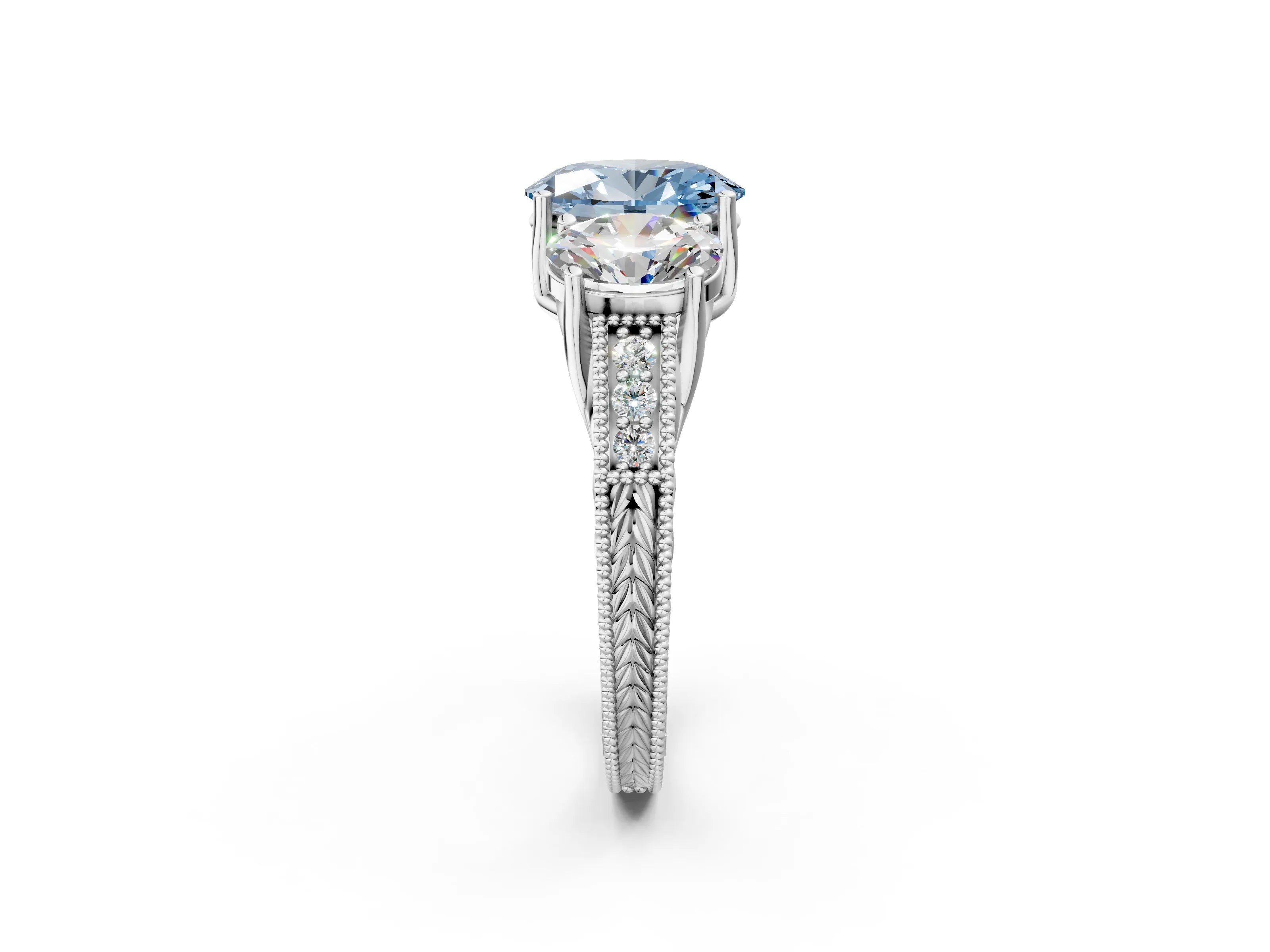 White gold Three-Stone Fancy Blue Oval Cut Cut Milgrain Pavé Engagement Ring_14