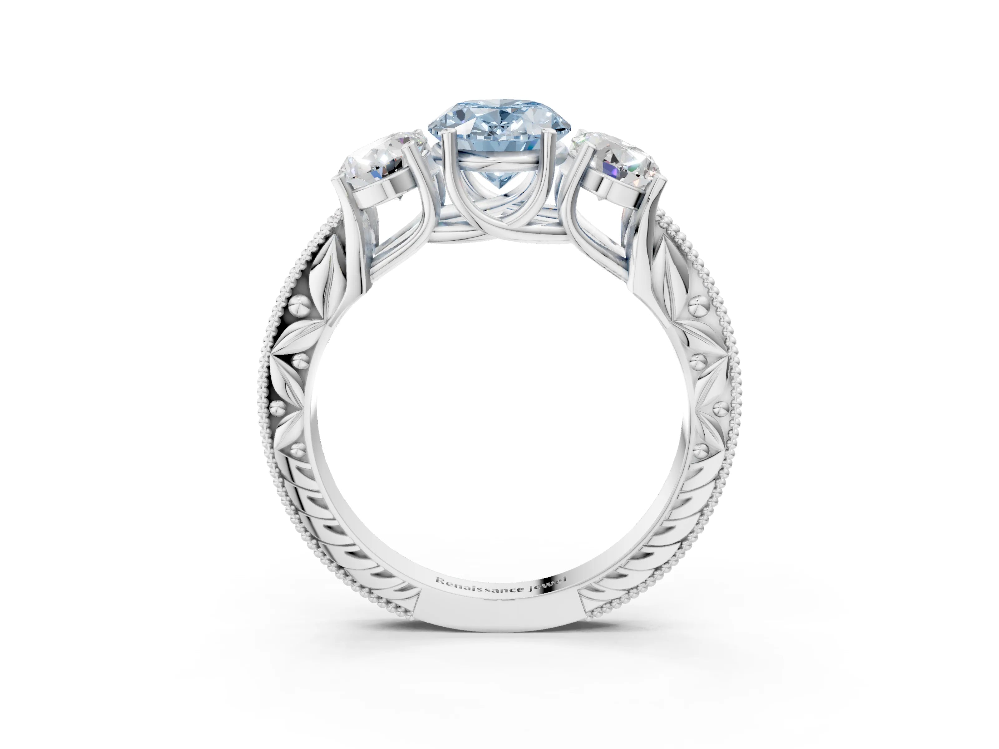 White gold Three-Stone Fancy Blue Oval Cut Cut Milgrain Pavé Engagement Ring_3