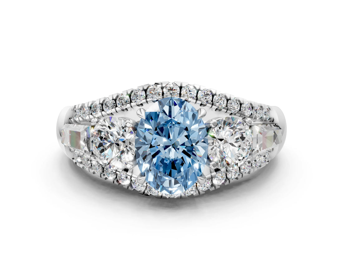 White gold Three-Stone Fancy Blue Oval Cut Diamond Engagement Ring with Pave Band and Prong Setting_12