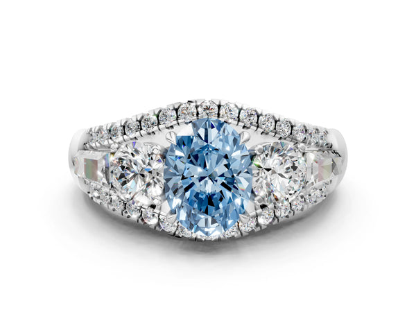 Platinum Three-Stone Fancy Blue Oval Cut Diamond Engagement Ring with Pave Band and Prong Setting