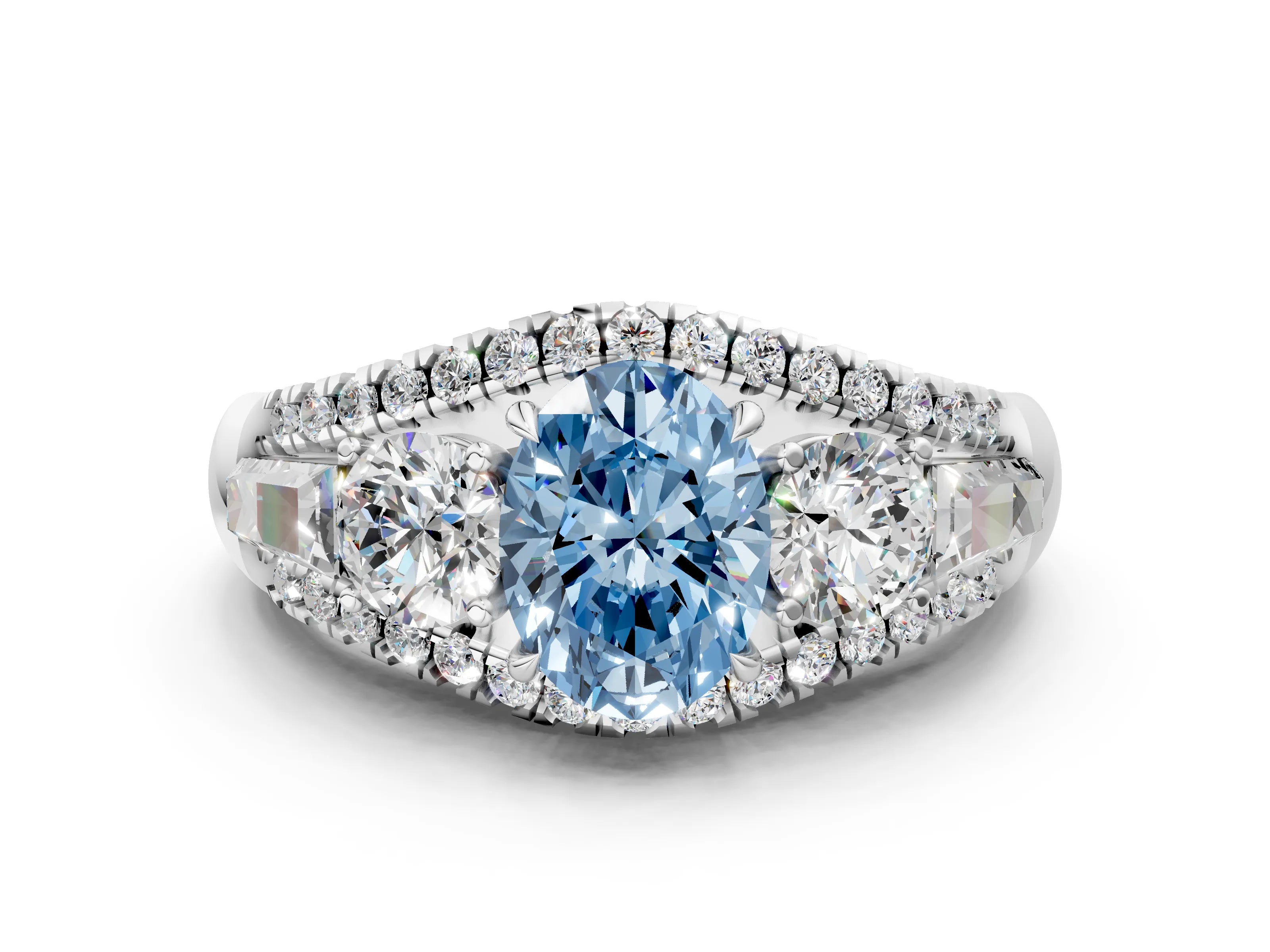 White gold Three-Stone Fancy Blue Oval Cut Diamond Engagement Ring with Pave Band and Prong Setting_12