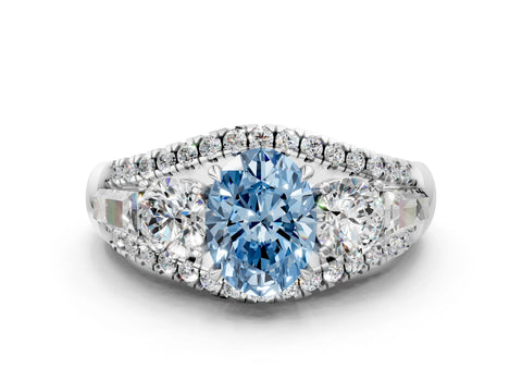 White gold Three-Stone Fancy Blue Oval Cut Diamond Engagement Ring with Pave Band and Prong Setting_12