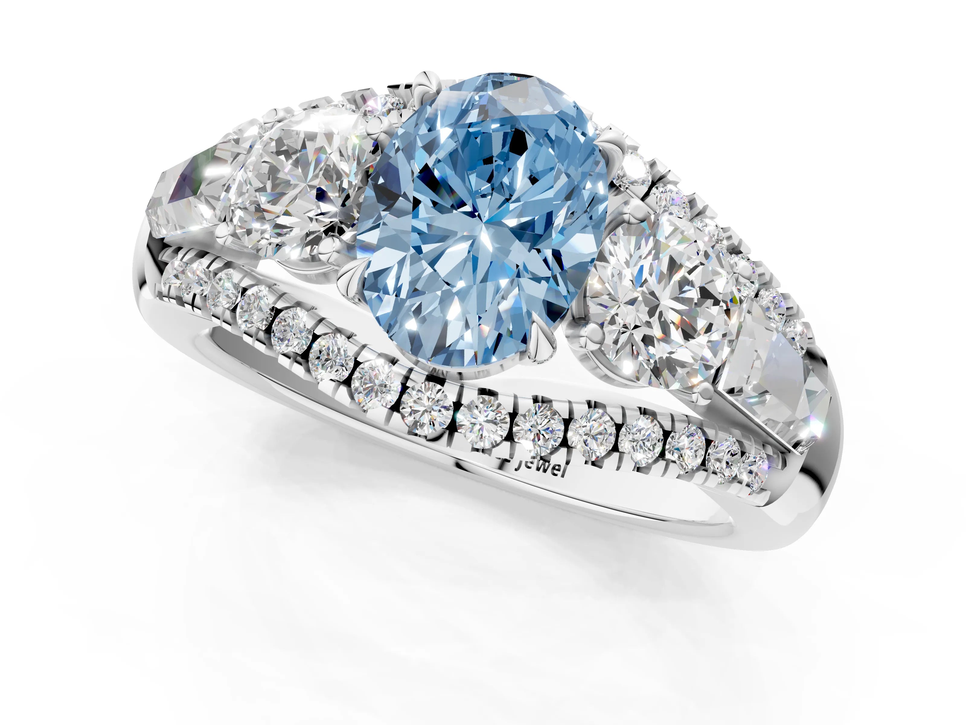 White gold Three-Stone Fancy Blue Oval Cut Diamond Engagement Ring with Pave Band and Prong Setting_13