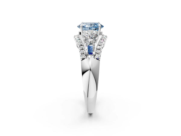 Platinum Three-Stone Fancy Blue Oval Cut Diamond Engagement Ring with Pave Band and Prong Setting