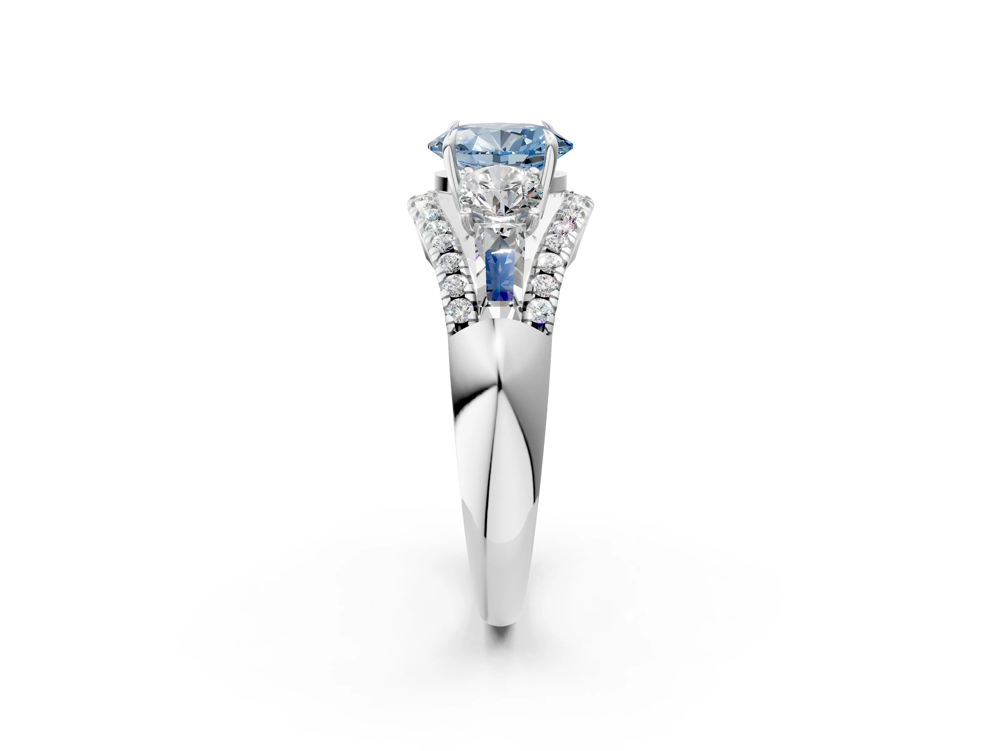 White gold Three-Stone Fancy Blue Oval Cut Diamond Engagement Ring with Pave Band and Prong Setting_14