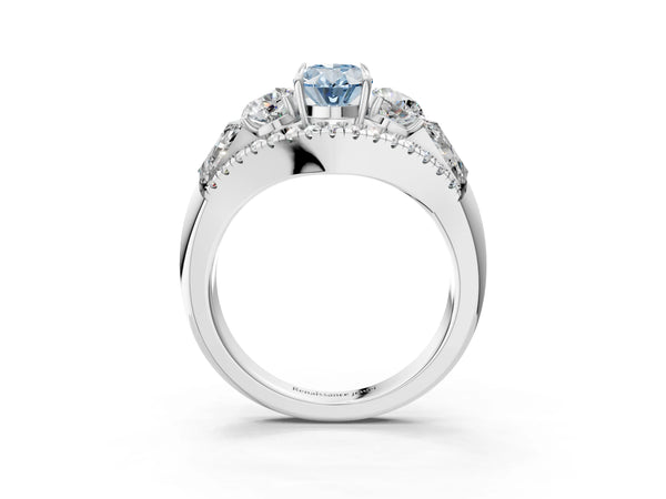 Platinum Three-Stone Fancy Blue Oval Cut Diamond Engagement Ring with Pave Band and Prong Setting