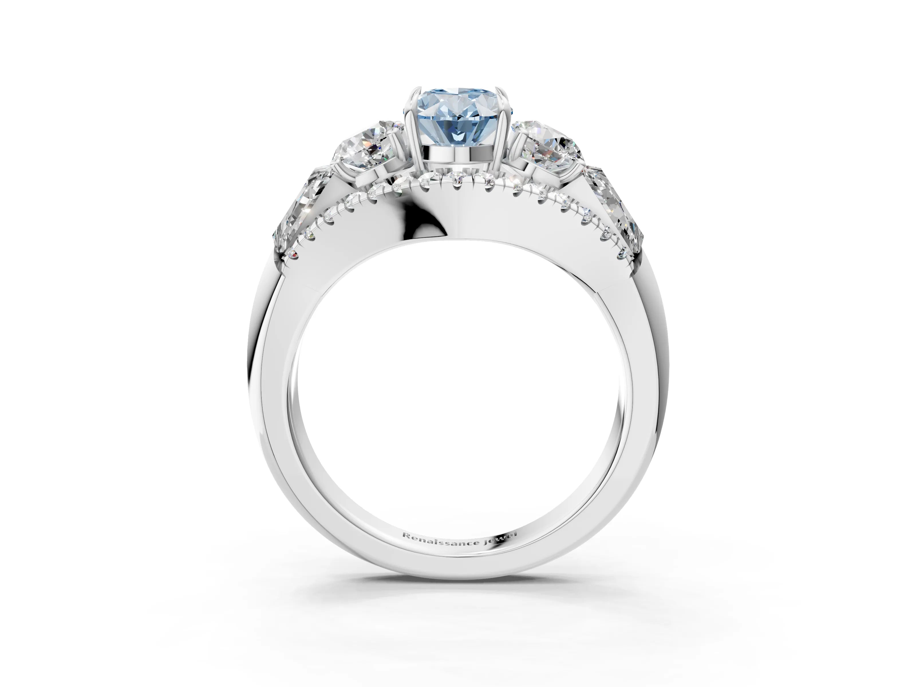 White gold Three-Stone Fancy Blue Oval Cut Diamond Engagement Ring with Pave Band and Prong Setting_15