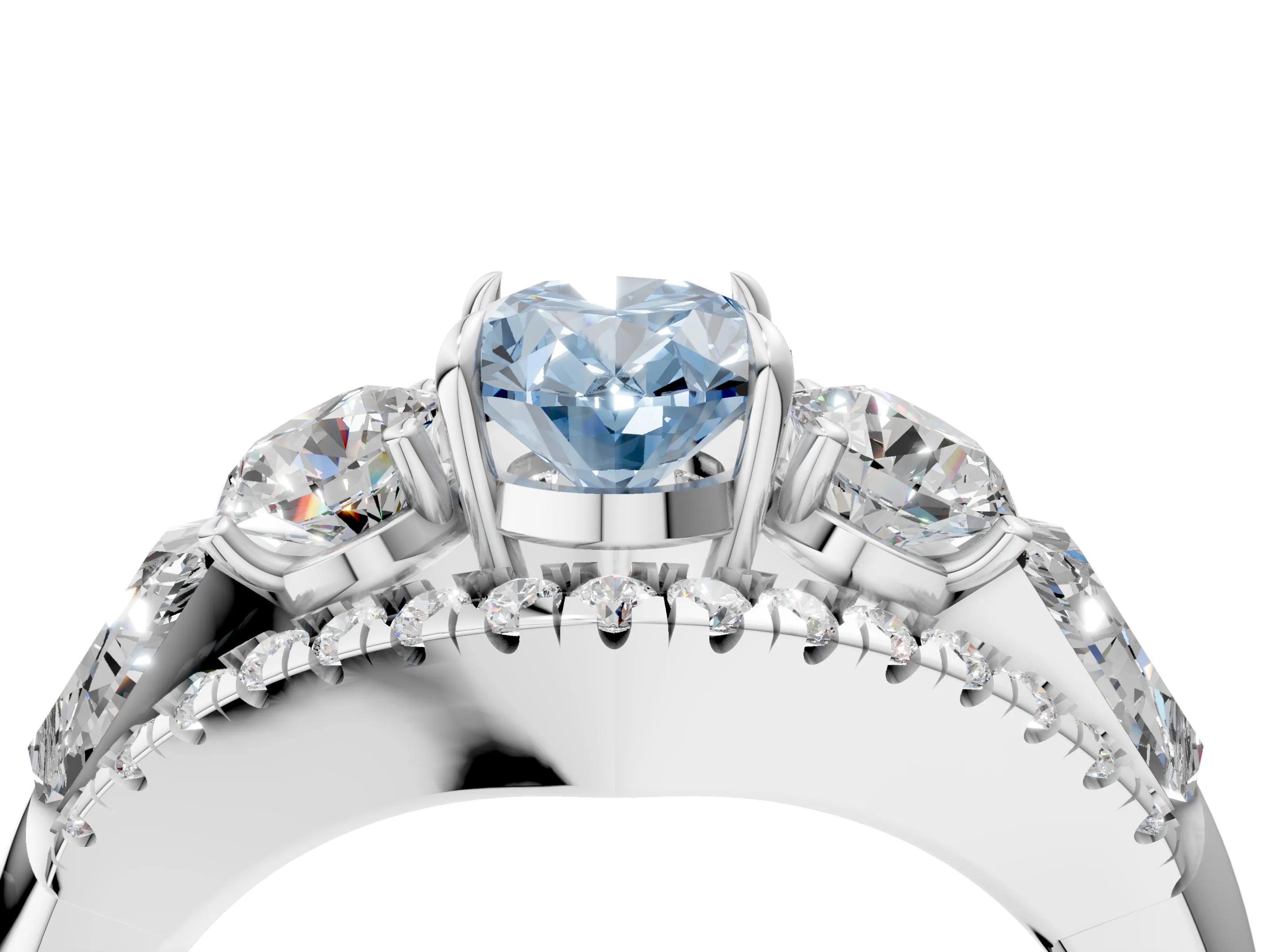 White gold Three-Stone Fancy Blue Oval Cut Diamond Engagement Ring with Pave Band and Prong Setting_16