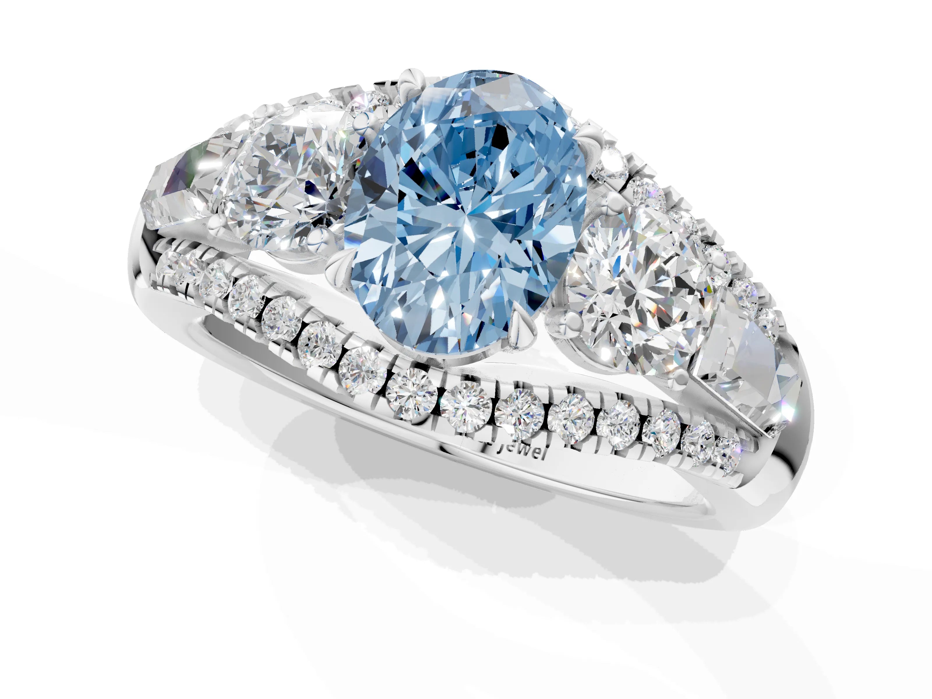 White gold Three-Stone Fancy Blue Oval Cut Diamond Engagement Ring with Pave Band and Prong Setting_1