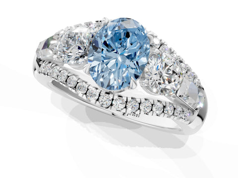 White gold Three-Stone Fancy Blue Oval Cut Diamond Engagement Ring with Pave Band and Prong Setting_1