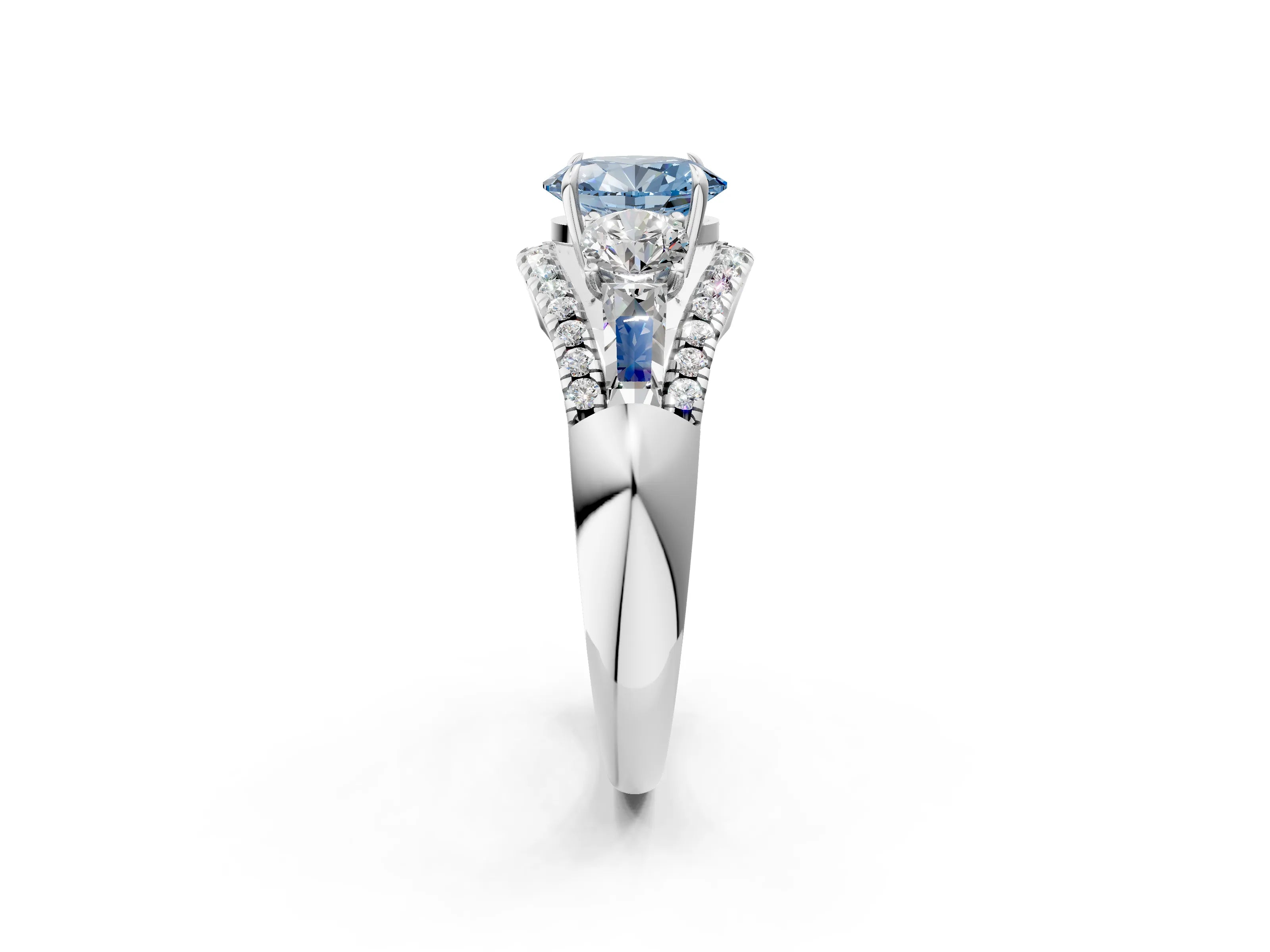 White gold Three-Stone Fancy Blue Oval Cut Diamond Engagement Ring with Pave Band and Prong Setting_2