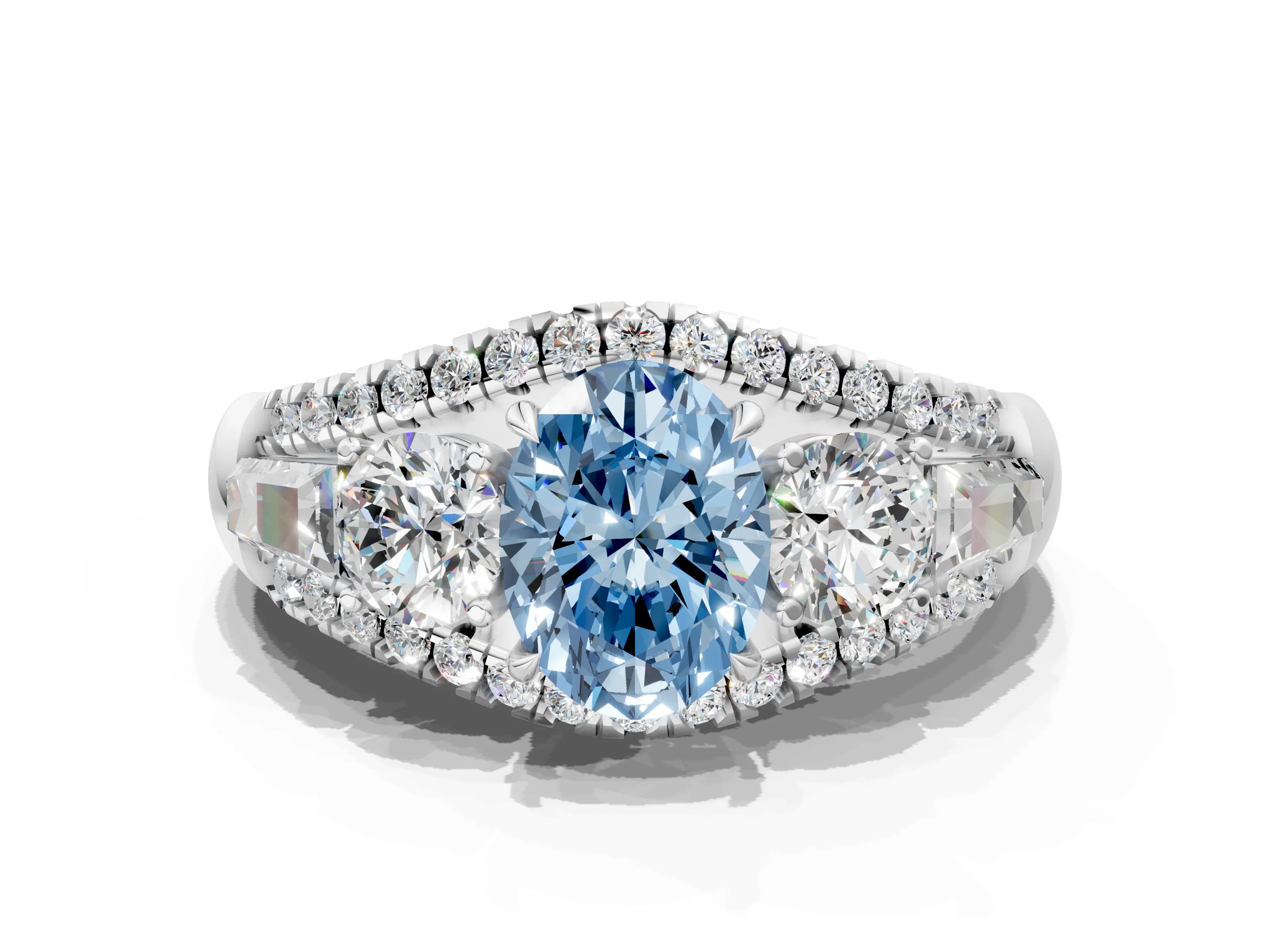 White gold Three-Stone Fancy Blue Oval Cut Diamond Engagement Ring with Pave Band and Prong Setting
