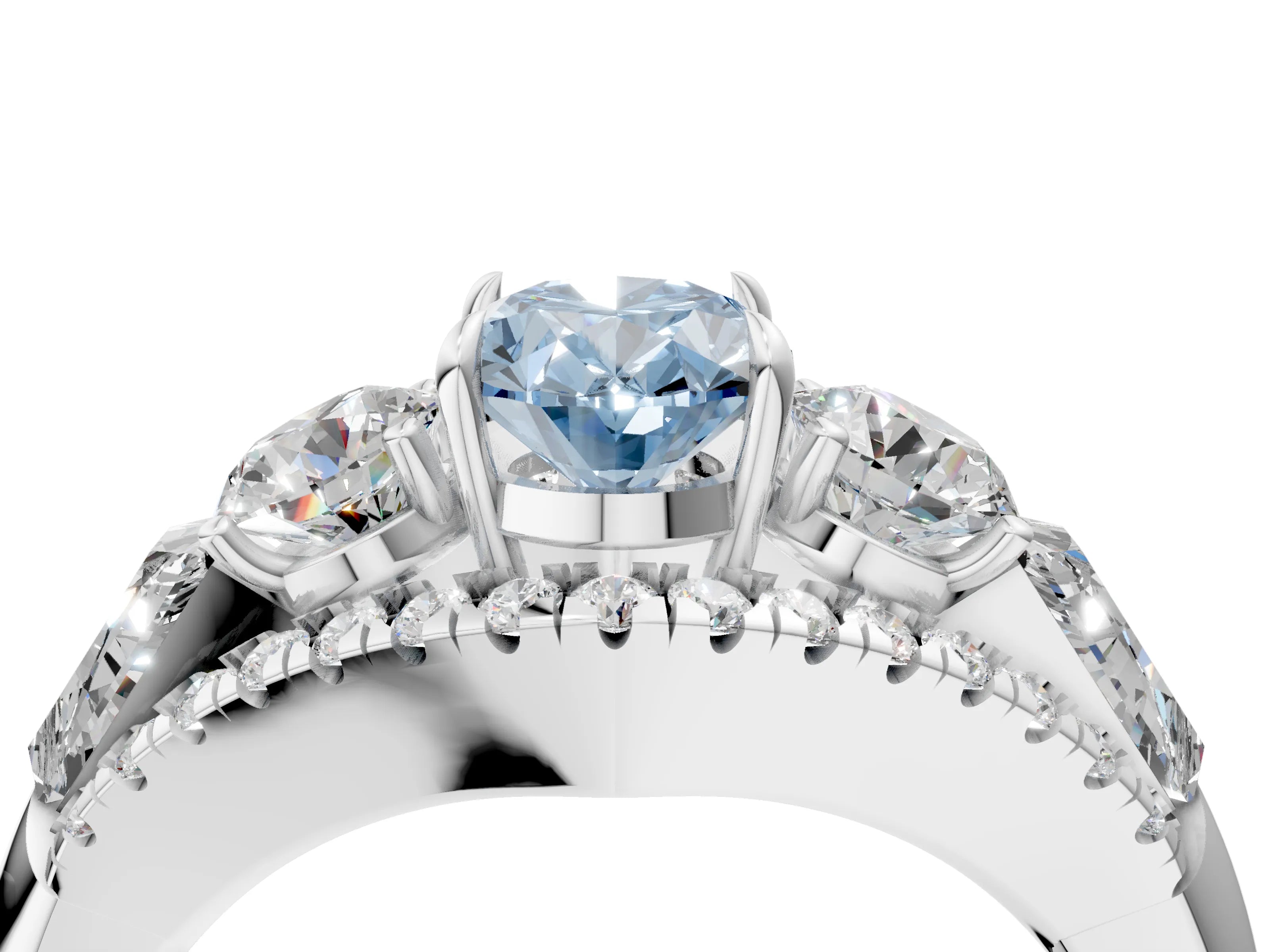 White gold Three-Stone Fancy Blue Oval Cut Diamond Engagement Ring with Pave Band and Prong Setting_4